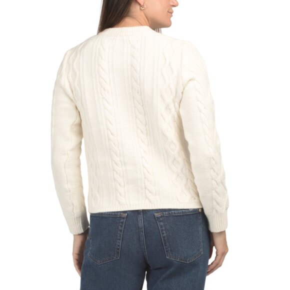 ELIE BY ELIE TAHARI Ivory Wool Blend Long Sleeve Cable Knit Sweater Cardigan - Picture 2 of 2